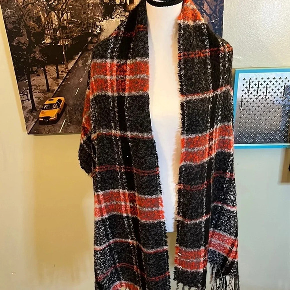 Red/Gray/Black Plaid super soft long oversized blanket scarf fringe trim - Picture 4 of 15